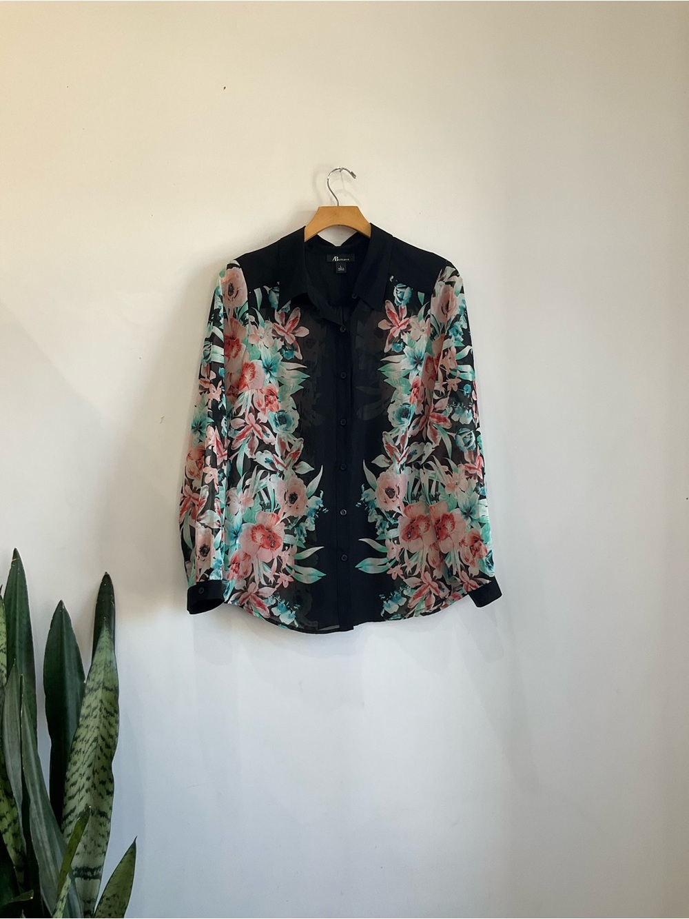 AB Studio Black Floral Button-Down Shirt with Pink & Teal Blooms